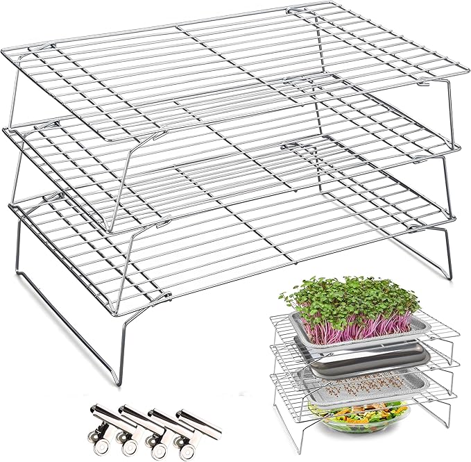 Sprouts Growing Rack 3-Tier 14 inch Shelf, Metal Foldable Plant Stand for Sprouting Tray Indoor, Seed Starting Tray Plant Shelf, Silver Rack for Kitchen Table Top Space Saving