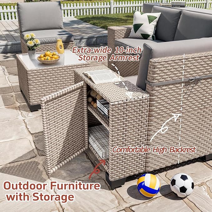 6 Pieces Patio Furniture Set, Outdoor Sectional Wicker Sofa with Thickened Cushions and Coffee Table, High Back Rattan Patio Conversation Sets for Garden Backyard, Grey