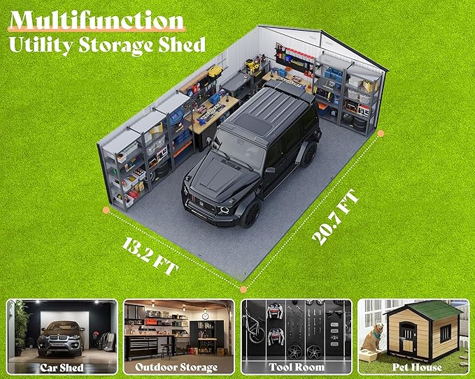 AMERLIFE 13x21x8.4 FT Outdoor Metal Garage Shed, Extra Large Storage Shed with Double Hinged Doors, 4 Windows, Carport for Car, Truck, Bicycle and Lawn Equipment, Dark Gray