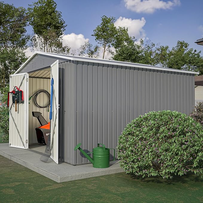 10X8 FT Outdoor Storage Shed, All Weather Metal Sheds with Lockable Doors, Tool Shed for Garden, Patio, Backyard, Lawn (Grey, 10x10ft)