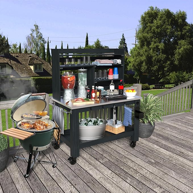 GDLF Potting Bench Table Large Outdoor Kitchen Island Prep Station with Stainless Steel Top Waterproof Cover, Hardwood, 66.9" H
