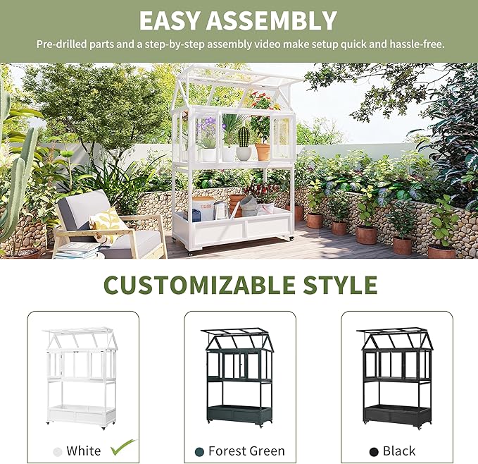 Merax 69.3" H Wood Garden Greenhouse, Balcony Portable Mini Cold Frame with Wheels, Movable Storage Box and Openable Roof, Flower Plants Shelf for Balcony Outdoor Indoor Backyard, White