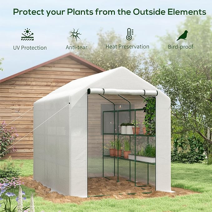 Outsunny Walk-in Greenhouse for Outdoors with Roll-up Zipper Door, 18 Shelves, PE Cover, Small and Portable Green House, Heavy Duty Humidity Seal, 95.25" x 70.75" x 82.75", White