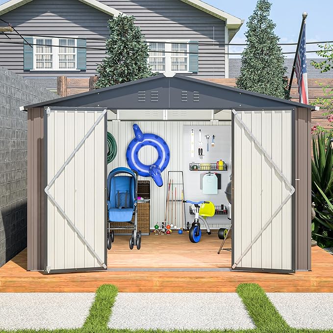 10X8 FT Outdoor Storage Shed, All Weather Metal Sheds with Lockable Doors, Tool Shed for Garden, Patio, Backyard, Lawn (Brown, 10x10ft)