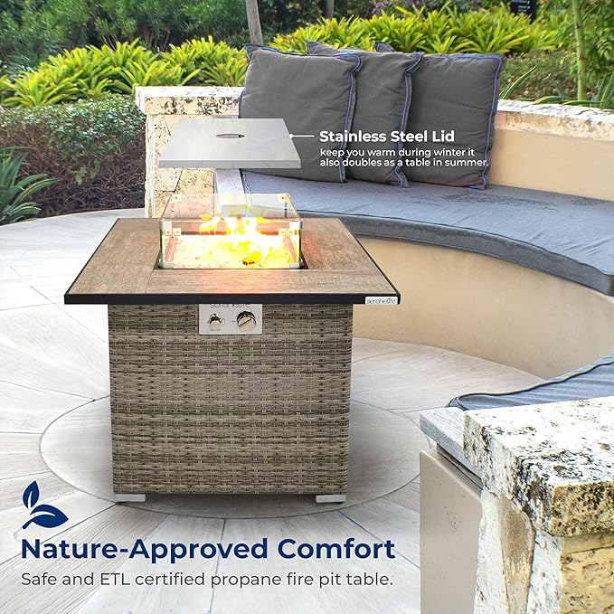 SereneLife Outdoor Propane Fire Pit Table 50,000 BTU CSA ETL Certified Square Wicker Gas Fire Table with Tile Top, Adjustable Flame, Decorative Glass Rocks, Weather-Resistant for Patio or Backyard