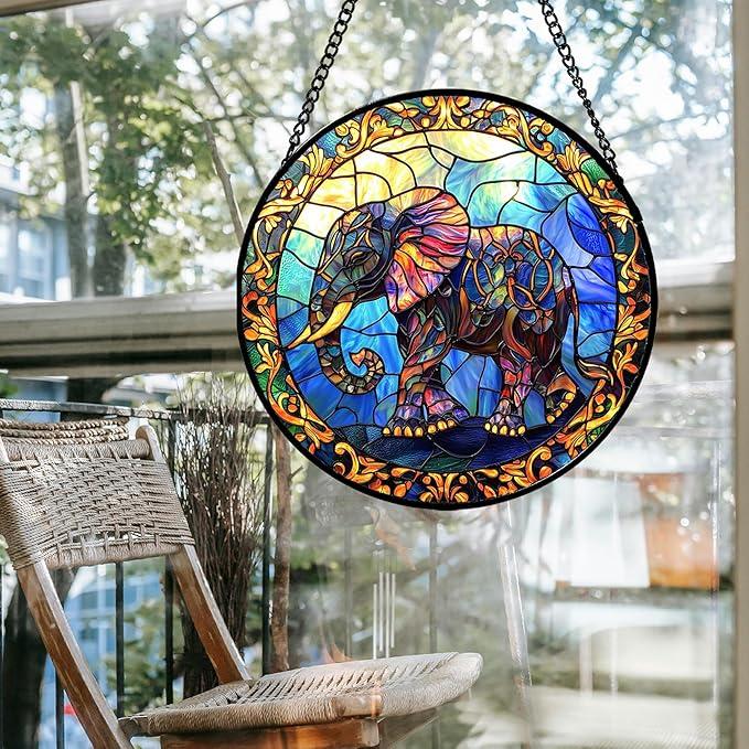 Stained Glass Window Hanging - Blue Elephant Suncatcher for Door Terrace Garden Home Decor, Yellow Retro Sun Catcher Birthday Gifts for Lovers Women Men Dad Mom Nana 11.8 in