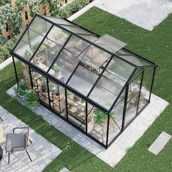 Greenhouses, 6x10 FT Greenhouse for Outdoors, Polycarbonate Greenhouse with Roof Vent, Ground Nails, Lockable Hinged Door, Aluminum Large Walk-in Green House for Outside Garden Backyard, Patio, Lawn