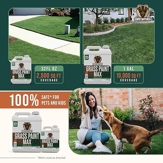 PetraMax Max Grass Paint for Lawn - Maintain Perfect Green Grass, Spray for Lawn & Shrubs Green Spray, Paint Pair with Petra Sprayers - Touch up Dog Spots - Non-Toxic Safe for Pets (Premium, 1 Gal)