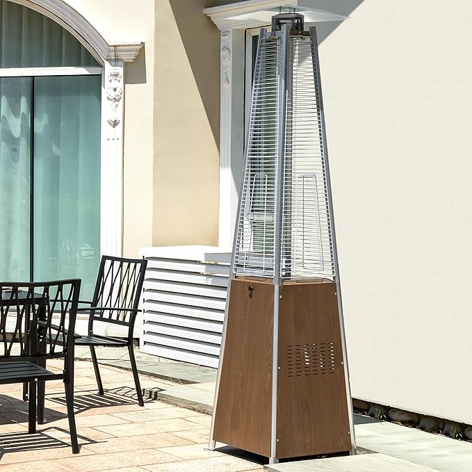 Nuu Garden 48,000 BTU Pyramid Propane Heater Outdoor Patio Heaters with Wheels, Patio Heater with Glass Tube Deck Porch for Outdoor Use Camping Backyard, Stainless Steel Burner, Wood-Grain Finish