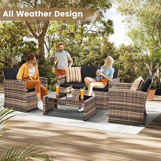 4 Pieces Patio Conversation Set, Outside Rattan Sectional Sofa, Cushioned Furniture Set, Wicker Sofa Ideal for Garden, Porch, Backyard, Natural Color Rattan and Black Cushion