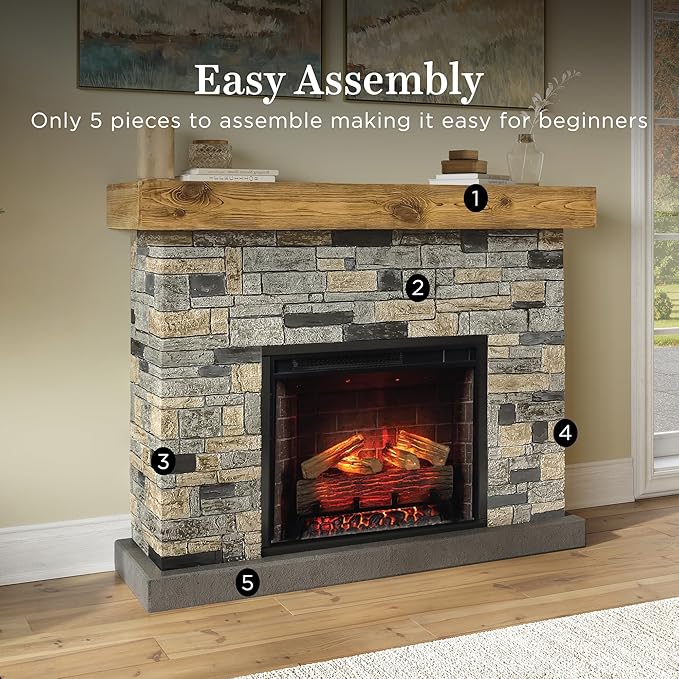 Country Living - Dixson Fireplace Mantel Package, 28β Fireplace Insert, Stone Brick Mantel Surround, Alexa/WiFi Enabled, 1500W