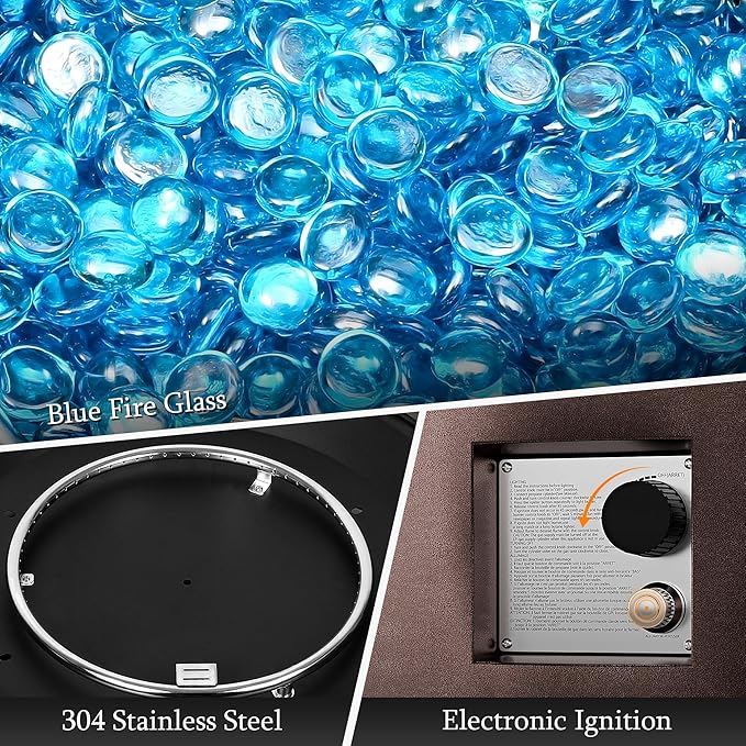 UPHA 42-inch Outdoor Propane Gas Fire Pit Table 50000 BTU Iron Round Firepit for Outside Patio with Tank Hidden Table, Wind Guard, Removable Lid, Blue Glass Rocks, Rain Cover, Brown