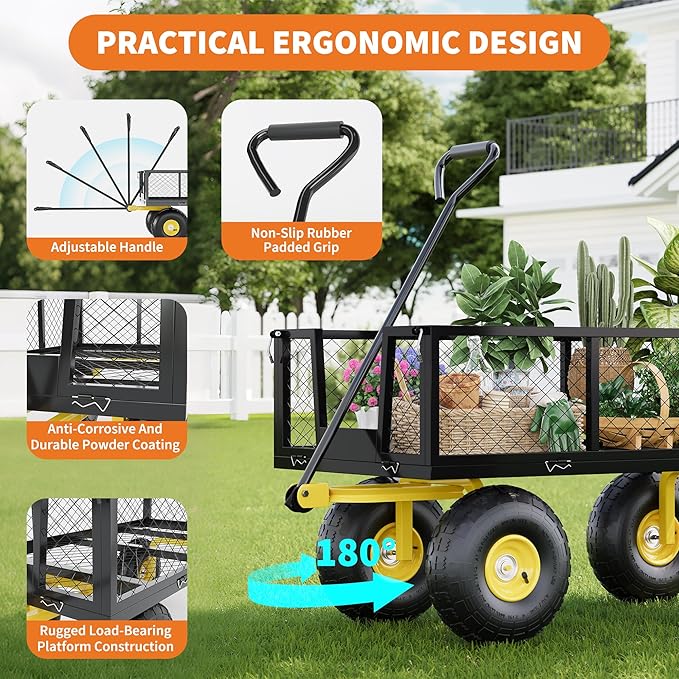 900 Lbs Garden Wagon, 2-in-1 Heavy-Duty Steel Garden Cart, with 10 Inch All-Terrain Tires and Removable Mesh Side Panels, 180° Rotating Handle, Metal Multi-Function Carts, Outdoor Gardens Wagon Cart