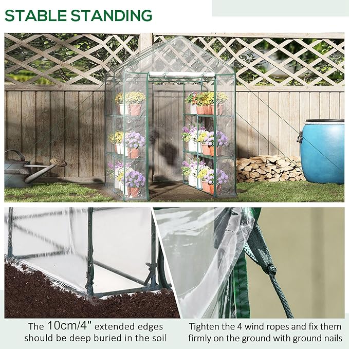 Outsunny 5' x 5' x 6' Mini Walk-in Greenhouse Kit, Portable Green House with 3 Tier Shelves, Roll-Up Door, and Weatherized Plastic Cover for Backyard Garden, Clear