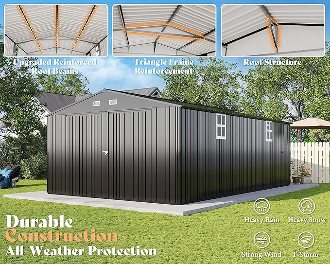 AMERLIFE 13x21x8.4 FT Outdoor Metal Garage Shed, Extra Large Storage Shed with Double Hinged Doors, 4 Windows, Carport for Car, Truck, Bicycle and Lawn Equipment, Dark Gray