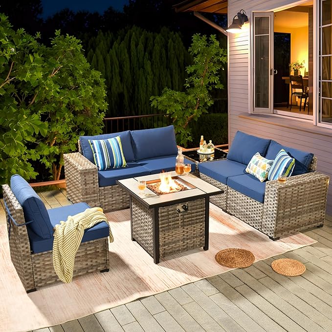 ovios 7 Pieces Patio Furniture Set, Outdoor Wicker Sectional Sofa with 30 Inch Fire Pit Table Comfy Cushions, Modern Modular Deep Seat Rattan Couch Conversation Set, Navy Blue