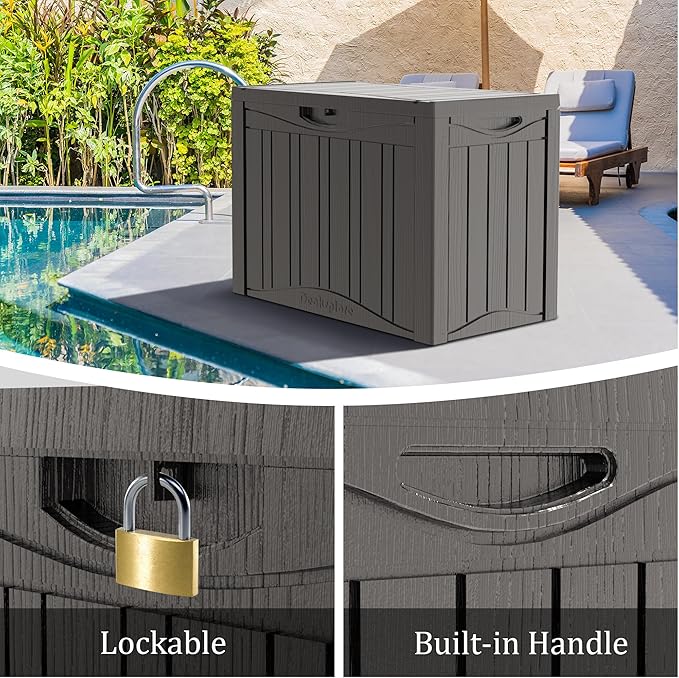 50 Gallon Waterproof Large Resin Deck Box Indoor/Outdoor Lockable Storage Container and Seating for Garden, Pool, and Patio (50 Gallon, Grey)