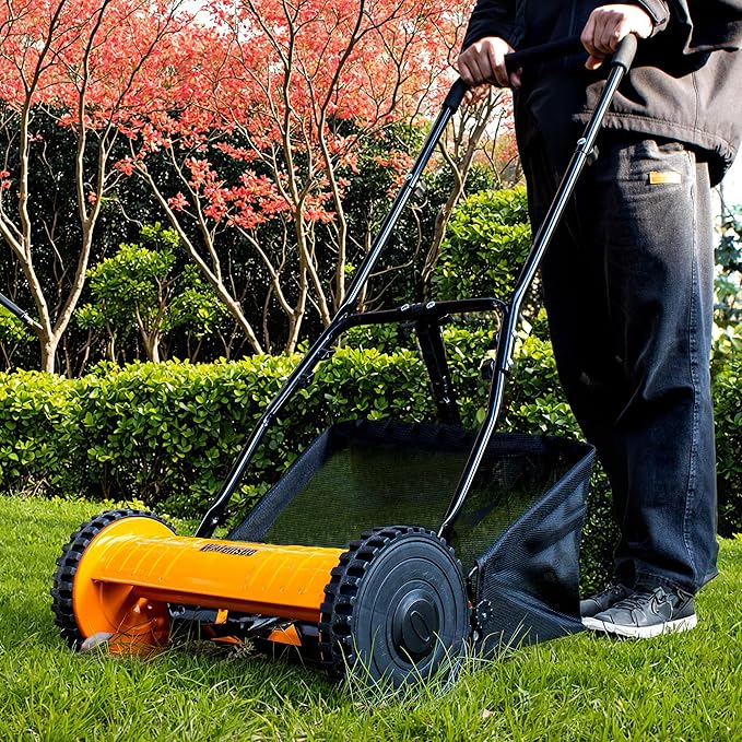 Walensee 14-Inch 5-Blade Push Reel Lawn Mower, Cordless Manual Reel Lawn Mower Walk-Behind Steel Lawn Mowers with Removable 6.7-Gallon Grass Catcher, Sponge Grip, 4-Position Cutting Height Adjustment