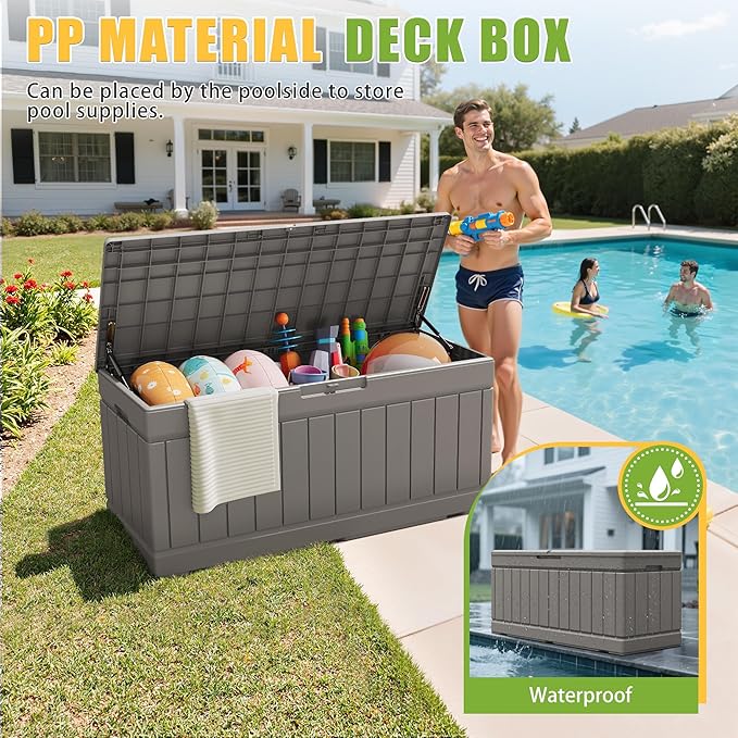 Greesum 82 Gallon Resin Deck Box Large Outdoor Storage for Patio Furniture, Garden Tools, Pool Supplies, Weatherproof and UV Resistant, Lockable, Coffee