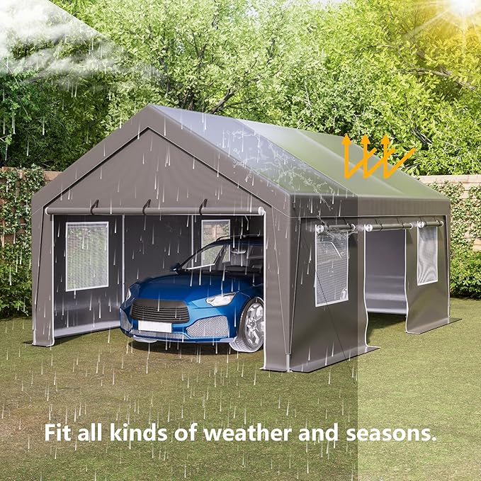 Carport 13x20ft Portable Garage Car Canopy Heavy Duty Car Port with Mesh Windows and Removable Sidewalls UV Resistant Waterproof All-Season Tarp for SUV,Boat,Car, Truck Gray