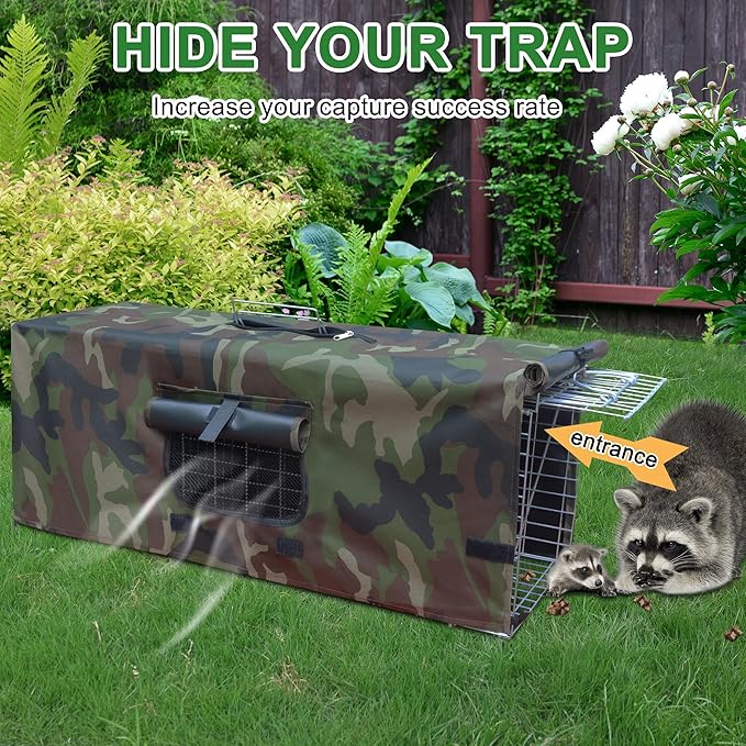 Live Feral Cat Trap Cage with Cover, Heavy Duty Folding Animal Traps Cage for Stray Cats, Large Humane Cat Trap for Raccoon, Squirrel, Skunk, Catch and Release
