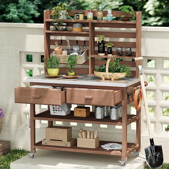 Polibi 64.9" H Outdoor Potting Bench Table with Lockable Wheels,Solid Fir Wood Outdoor Kitchen Island with Upper Hutch,Stainless Steel Top,Towel Rack,Outdoor Storage for Grilling,Lawn Garden(Brown)