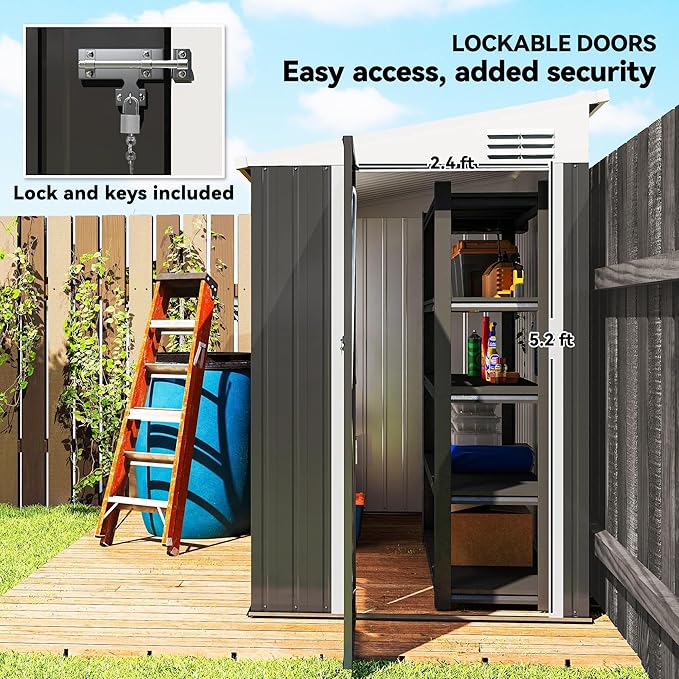 Outsunny 4' x 7.7' Metal Outdoor Storage Shed, Lean to Storage Shed, Garden Tool Storage House with Lockable Door and 2 Air Vents for Backyard, Patio, Lawn, Dark Gray