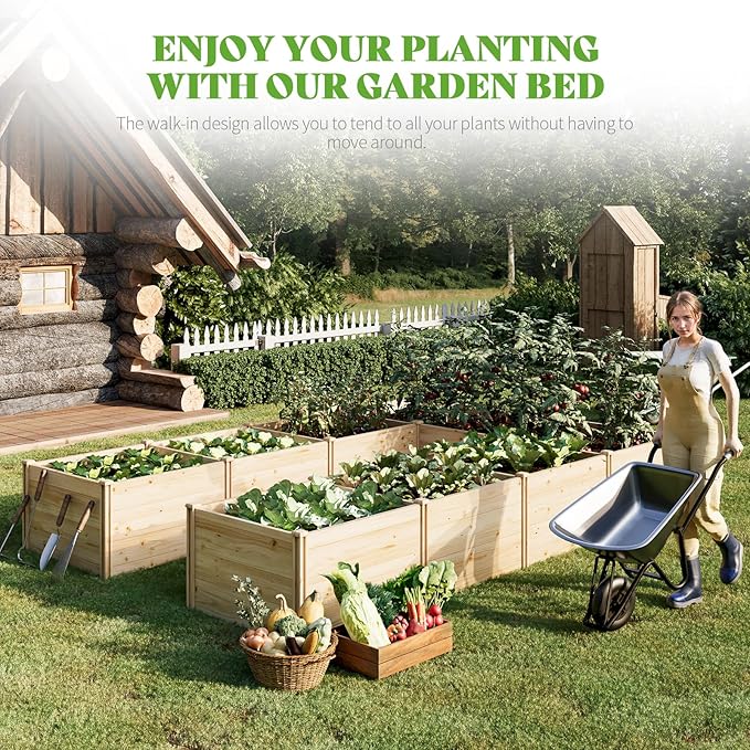 PaPaJet Wooden Raised Garden Bed for Outdoor, Nine Grid Deep Large Planter Box for Gardening, Vegetables, Flowers, Herbs(7.5× 11.9× 1.6FT)