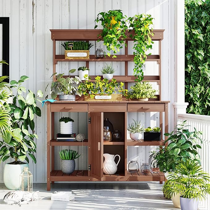 66" Outdoor Potting Bench Workstation - Farmhouse Style Wooden Garden Table with Drawers, Cabinet & Open Shelves (Brown + Solid Wood + originalwood)