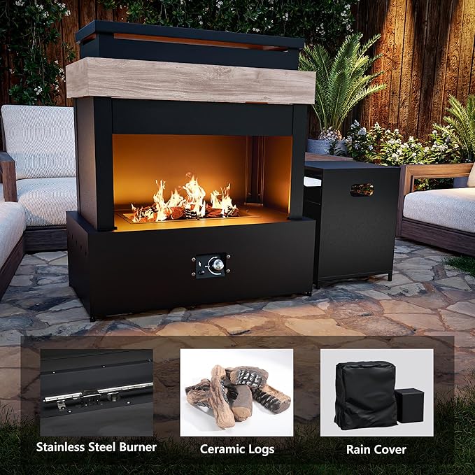 Outdoor Propane Fireplace w Tank Table, 50,000 BTU Gas Fire Pit with Ceramic Logs, Rain Cover, 35 Inch Steel Metal Smokeless Fireplace for Patio, Deck, CSA Certified (35 x 40 Inch)