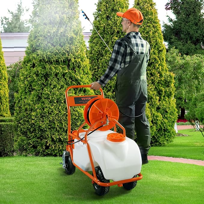 VEVOR Battery Powered 15 Gallon Garden Weed Sprayer with Wheeled Cart, 126FT Hose with Reel, 8 Nozzles, 2 Wands with Lock Trigger, 0-90PSI, 5-6h Spray Time, Wide Mouth Lid, Rotating Wheels with Brake
