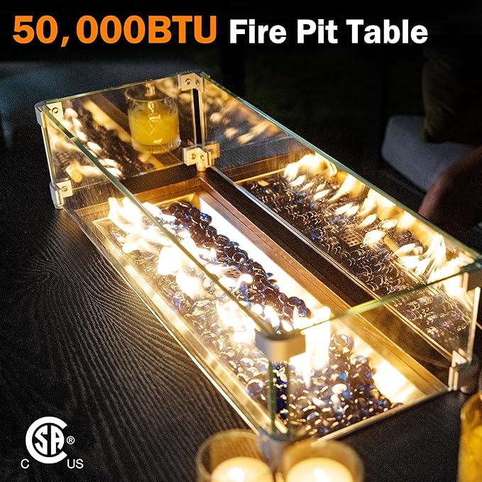 52 Inch Wicker Outdoor Fire Table, 50,000BTU Propane Fire Pit Table with Windshield, Side Basket, Rain Cover, CSA Certified, Patio Fire Pit for Garden, Backyard, Balcony, Poolside, Grey