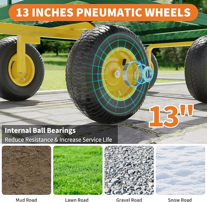 3-in-1 Heavy-Duty Steel Garden Cart, 1200 Lbs Garden Wagon, with 13 Inch All-Terrain Tires and Removable Mesh Side Panels, 180° Rotating Handle, Metal Multi-Function Carts, Outdoor Gardens Wagon Cart