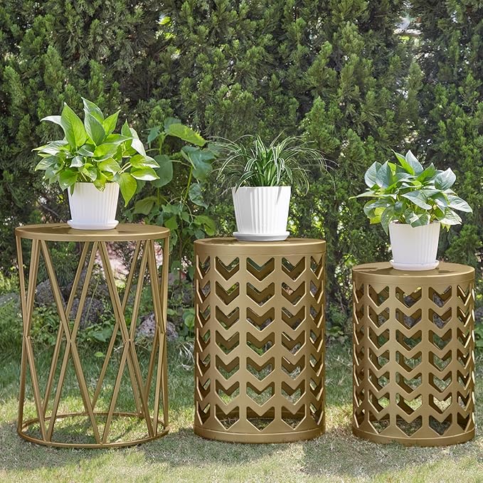 Y&M Set of 3 Gold End Tables, Nesting Metal Round Coffee Table, Heavy Duty Metal Plant Stand Garden Stool, Outdoor Multifunctional Use