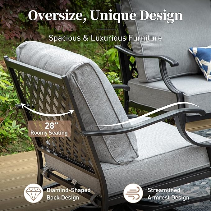 5 Piece Metal Outdoor Patio Furniture Set with Fire Pit Table, Patio Conversation Sets 4 Swivel Chairs with 5.75" Thick Cushion and 5000 BTU Fire Pit Table, Backyard Furniture, Gray