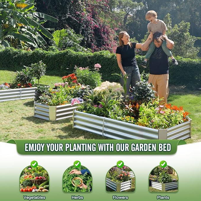 Garden Galvanized Raised Garden Bed Kit - Metal Planter Boxes for Vegetables/Herbs/Flowers, Heavy-Duty Steel Outdoor Garden Box with Reinforced Edges(Rectangular 8X4X1)