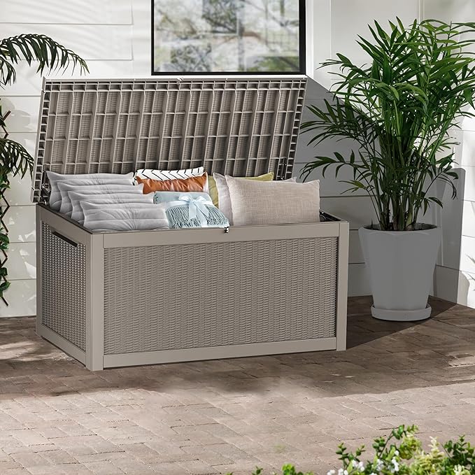 320GAL Brown High - End Wicker - Textured Outdoor Deck Box with Lock Hole - Waterproof, SGS - Certified UV Protection, Exquisite Storage for Luxury Patio Decor and Premium Outdoor Cushions