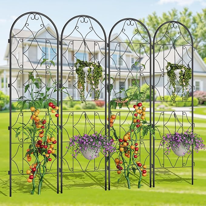 Garden Trellis 4 PCS - Tall 75 Inch x 21 Inch Metal Trellis for Climbing Plants & Vegetables | Rustproof Black Powder Coated Outdoor Plant Support | Patio Decor for Vines, Roses, Cucumbers, Tomatoes