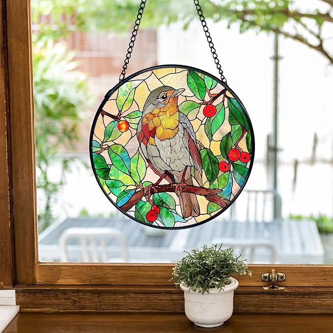 TNUW Bird Stained Glass Window Hanging, Bird Botanical Sun Catchers Indoor Window Glass Round Wall Art Decor, Birds Lover Gifts Wall Hanging Decorations, 7.9"x7.9"