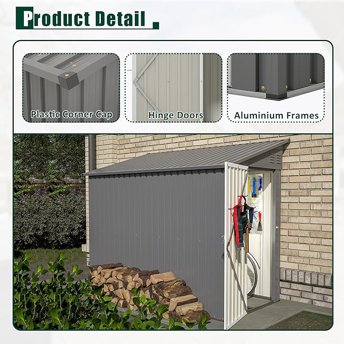4x8 FT Metal Outdoor Storage Shed with Lockable Door and 2 Air Vents, Lean to Storage Shed, Garden Tool Storage Cabinet for Backyard Patio Lawn, Gray