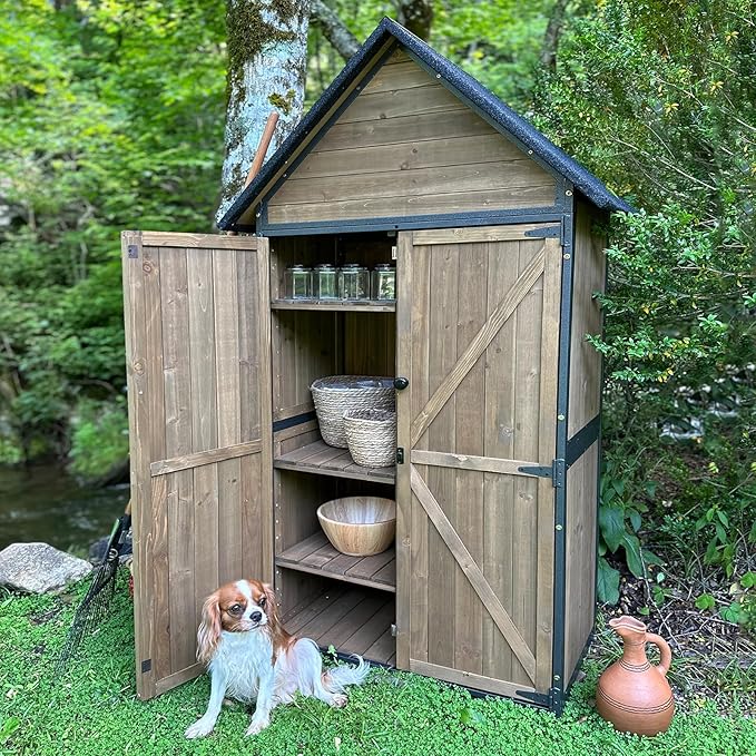 Aivituvin Shed Outdoor Storage Cabinet with All-Around Strong Metal Frame Wooden Tool House with Adjustable Shelfs and Floor,Waterproof Roof (Brown)