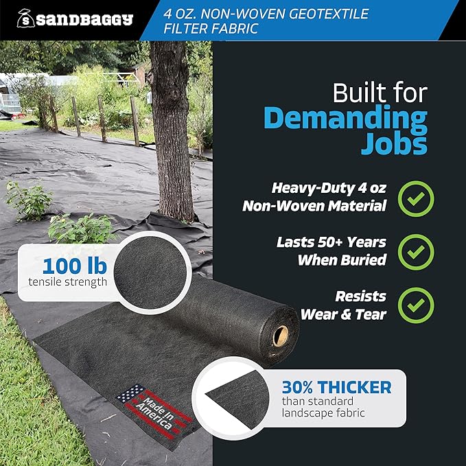 Heavy-Duty Sandbaggy Non-Woven Geotextile Landscape Fabric Roll, Made in USA, Lightweight Weed Barrier, UV Protected, 100 Lb Tensile Strength, French Drain, Erosion Control (4 ft x 360 ft Roll)