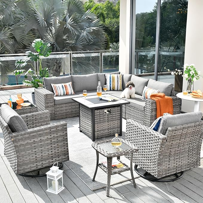 HOOOWOOO 10 Piece Modular Patio Outdoor Sectional Furniture Set with Gas Propane Fire Pit Table,Wicker Conversation Sofa Set with Swivel Chairs,Outside Couch Set(Dark Grey)