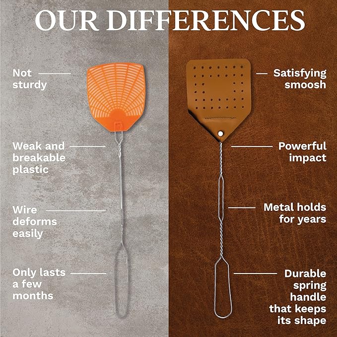 Leather Fly Swatter Set (1 Pack) – 17” Amish-Made Fly Swat w/Real Leather Paddle – Fly Swatters Multi Pack w/Metal Handle – Bug Swatter, Mosquito Swatter, Wasp Swatter (Brown)