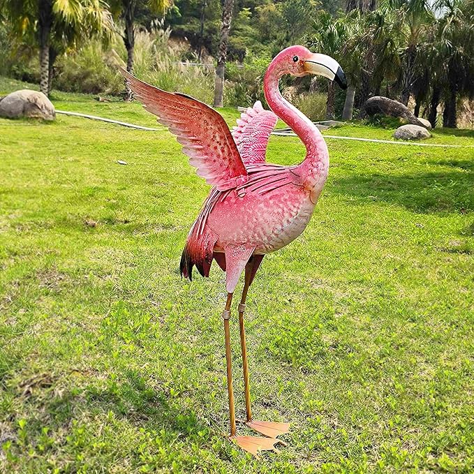 Garden Flamingo Statues and Sculptures, Outdoor Metal Bird Yard Art, Pink Flamingos Lawn Ornament for Patio Backyard Porch Decorations