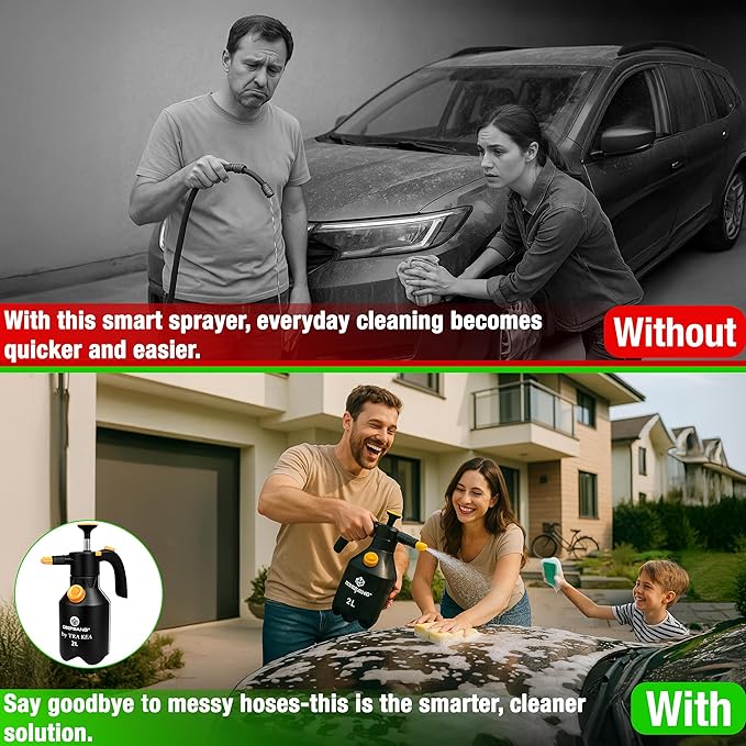 Premium 2L Handheld Pump Sprayer Adjustable Nozzle Water and Foam Continuous Spray Bottle for Car Washing Gardening Household Cleaning โ Heavy Duty Chemical Resistant
