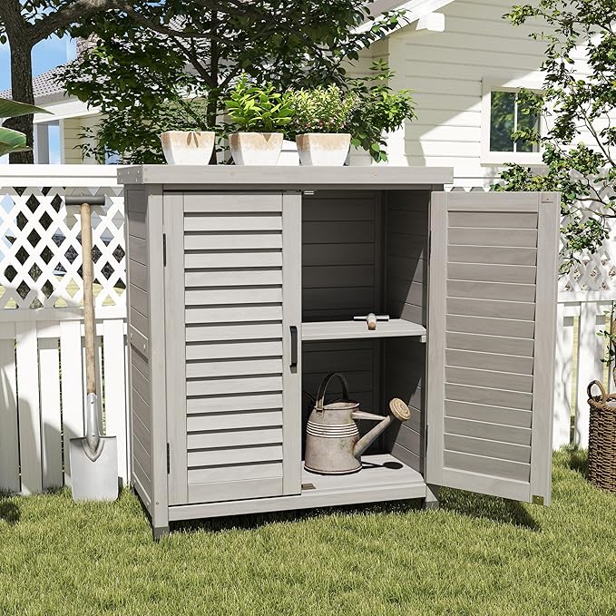 Potting Bench with Storage Cabinet and Metal Table Top for Outdoor Patio, Garden Furniture Wood Workstation Grey 31x17x36''