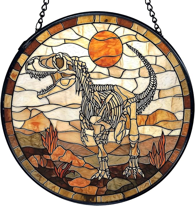 TNUW Dinosaur Skeleton Stained Glass Window Hanging, Prehistoric Dino Fossil Sunset Landscape SunCatchers Indoor Window Glass Round Wall Art Decor, Dinosaur Wall Hanging Decorations, 7.9"x7.9"