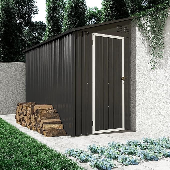 4x8 FT Metal Outdoor Storage Shed with Lockable Door and 2 Air Vents, Lean to Storage Shed, Garden Tool Storage Cabinet for Backyard Patio Lawn, Black