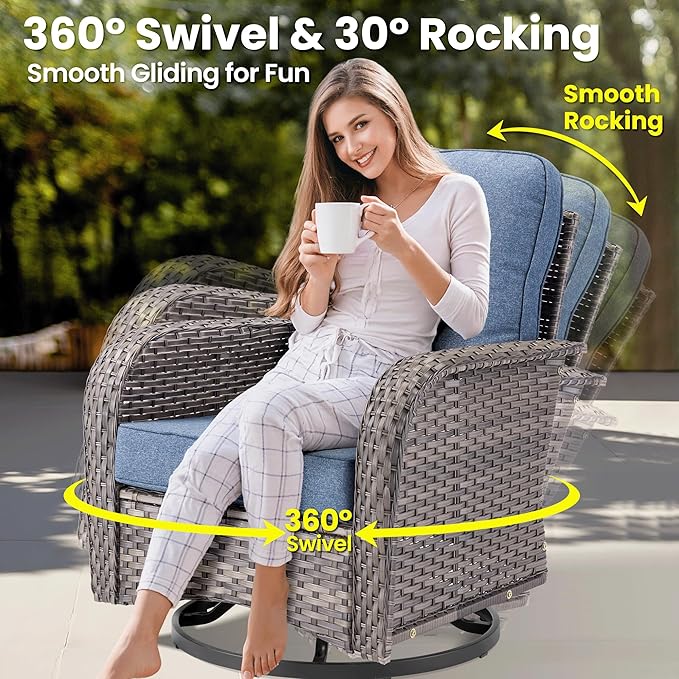 ovios 9 Pieces Patio Furniture Set, Outdoor Wicker Sofa Couch with Rocking Swivel Chairs Fire Pit Table, Modern Deep Seat Rattan Conversation Sets for Porch Deck, Denim Blue